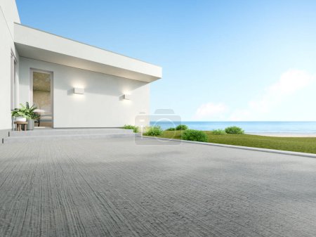 3d render of white modern house with concrete entrance on sea view background.