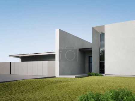 Foto de 3d representación de casa moderna blanca con entrada de garaje, arquitectura mínima. - Imagen libre de derechos