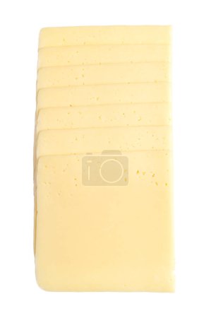 Photo for Stack of gouda cheese slices, isolated, from above. Sliced sweet, creamy and yellow cheese, made of cow milk, originated from Gouda in the Netherlands. Close-up, on white background, macro food photo. - Royalty Free Image