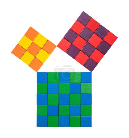 Téléchargez les photos : Théorème pythagoricien, représenté avec des cubes en bois colorés subdivisés. Relation des côtés d'un triangle droit. Les deux petits carrés ensemble ont la même surface que le grand. Isolé, d'en haut. Photographie - en image libre de droit