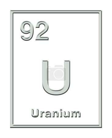 Photo for Uranium, chemical element, taken from periodic table, with relief shape. Radioactive metal with element symbol U and atomic number 92. Used in nuclear power plants and nuclear weapons. Illustration. - Royalty Free Image