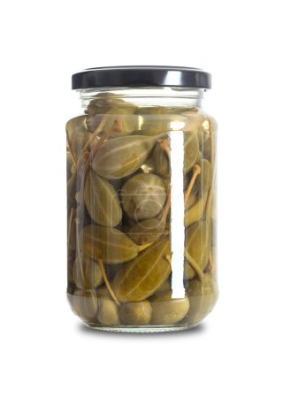 Photo for Caper berries, pickled in a glass jar. Whole ripe caper bush fruits, Capparis spinosa, pasteurized and preserved in a brine of water, vinegar and salt. Used as a garnish. Close-up, front view, photo. - Royalty Free Image