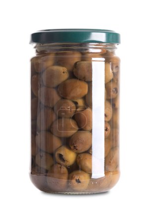 Photo for Pitted Leccino black olives, dressed in olive oil, preserved in a glass jar. One of the primary olive cultivars for Italian olive oil production, also used as table olive. Olea europaea. Front view. - Royalty Free Image