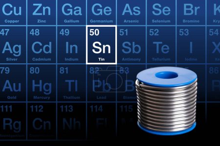 Photo for Spool of soft solder wire, and element tin on the periodic table. A soft metal, easy to bend and to cut. Tin is a chemical element with Symbol Sn, from Latin stannum, and with atomic number 50. - Royalty Free Image