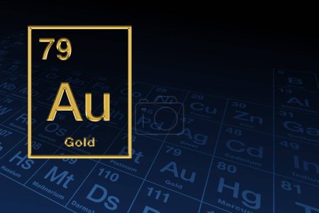 Oro, símbolo de elemento químico con forma de relieve, sobre la tabla periódica en el fondo. Metal noble y precioso con símbolo químico Au para auro latino, y con número atómico 79. Ilustración.