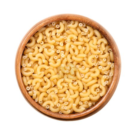 Gramigna, minute pasta, in a wooden bowl. Also called pastina, meaning little or small pasta. Uncooked, tiny elbow shaped tubes, made with durum, used as ingredient of soup, desserts, and infant food.