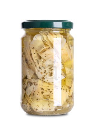Alcachofas marinadas con hierbas en aceite de girasol, un antipasto en un frasco de vidrio con tapa de tornillo. Se puede servir con antipasti, mezclar con una ensalada, pizzas, o mezclar con un pesto de alcachofa o salsa.