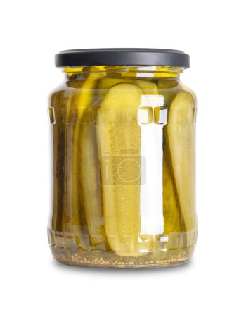 Gherkin slices, pickled in a glass jar with screw cap. Lengthwise sliced gherkins, pasteurized and preserved in a brine of vinegar, with salt, and mustard seeds. Used in burgers and sandwiches.