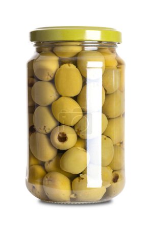 Entsteinte grüne Oliven, eingelegt in einem Glas mit Schraubverschluss. Fertig zum Verzehr von Hojiblanca, kleinen spanischen Tafeloliven, die in Milchsäure und Salz konserviert werden. Wird als Snack, als Vorspeise oder als Beilage verwendet. Foto