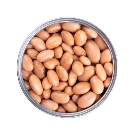 Borlotti beans in opened can. Cooked and canned cranberry beans, a hazelnut-colored variety of the common bean, Phaseolus vulgaris. Vegetarian staple food. Isolated, from above close-up food photo.