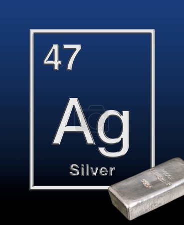 Cast silver bar and the chemical element from the periodic table, with Latin name argentum, symbol Ag, and atomic number 47. A 1000 gram bullion bar, 32.15 troy ounces of the refined chemical element.