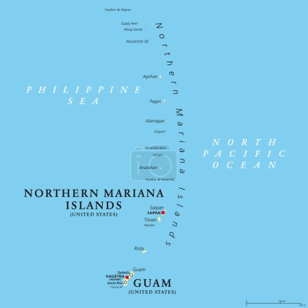 Guam und Nördliche Marianen, politische Landkarte. Zwei getrennte Territorien der Vereinigten Staaten von Amerika in der Teilregion Mikronesien des Westpazifischen Ozeans. Illustration. Vektor