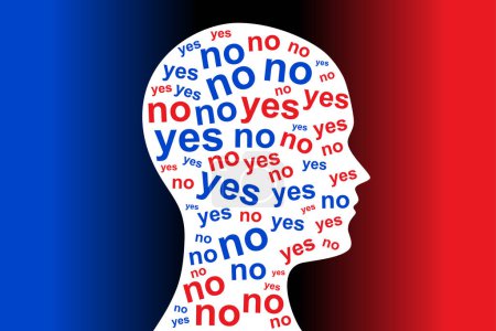 Illustration for YES and NO, words colored red and blue, in a white silhouette of a head, over a gradient background. Symbol for the uncertainty of which side to choose, or to distinguish between lies and truth. - Royalty Free Image