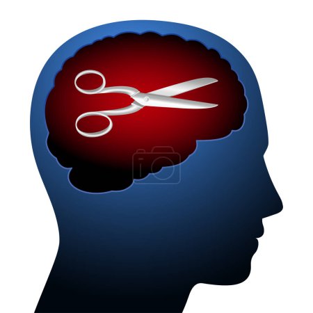 Illustration for The scissors in the head, a symbol for self-censorship. Metaphor used in the German speaking area for the act of censoring or classifying the own discourse, out of fear of the sensibilities of others. - Royalty Free Image