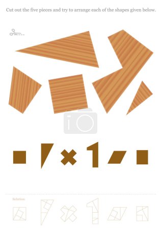 Illustration for Tiling puzzle to cut out and to arrange different geometrical shapes like triangle, square, cross or rhombus - kind of tangram concentration game with wooden textured pieces to form several figures. - Royalty Free Image