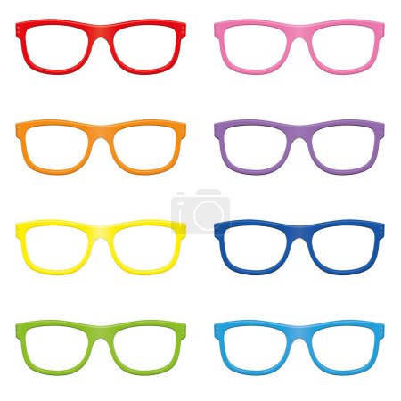 Téléchargez les illustrations : Lunettes de vue, lunettes colorées tendance à mettre sur quelqu'un lunettes modernes colorées avec cadre de lunettes optiques rouge, orange, jaune, vert, rose, violet et bleu vecteur isolé sur fond blanc. - en licence libre de droit