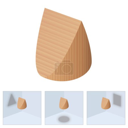 Illustration for Different shadows from same object  - round, triangular and square shadow of a wedge shaped object. Symbol for different perspectives, points of view or matters of opinion. Vector illustration. - Royalty Free Image