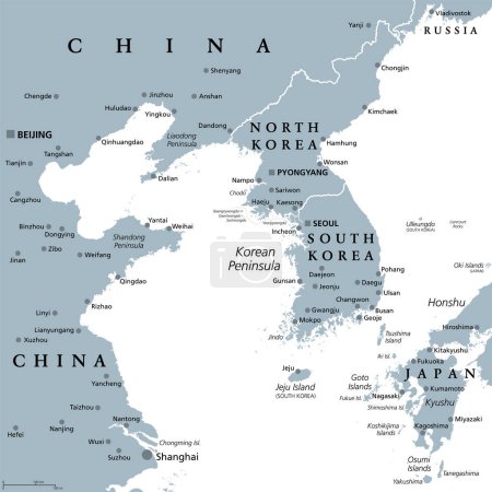 Ilustración de Korean Peninsula region, gray political map. Peninsular region Korea in East Asia, divided between North and South Korea, bordered by China and Russia, and separated from Japan by the Korea Strait. - Imagen libre de derechos