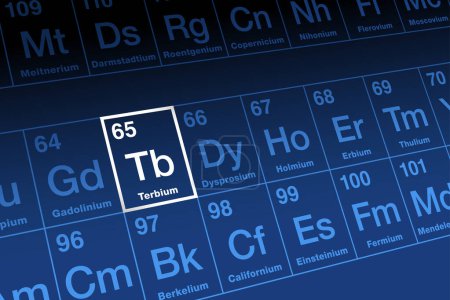 Téléchargez les illustrations : Terbium on periodic table. Malleable and ductile, rare earth metal in the lanthanide series, with atomic number 65, and element symbol Tb. Used in alloys and in the production of electronic devices. - en licence libre de droit