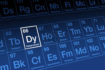 Téléchargez les illustrations : Dysprosium on periodic table. Metallic, rare earth element, in the lanthanide series, with atomic number 66, and element symbol Dy. Single most critical element for emerging clean energy technologies. - en licence libre de droit