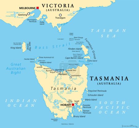 Ilustración de Tasmania and the surrounding area, political map. Australian island state with capital Hobart, south of state Victoria and of Australian mainland, encompassing island Tasmania and surrounding islands. - Imagen libre de derechos