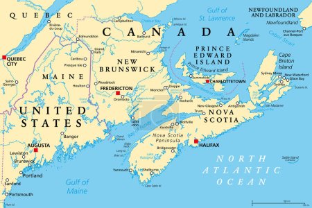 Téléchargez les illustrations : The Maritimes, also called Maritime provinces, a region of Eastern Canada, political map, with capitals, borders and largest cities. The provinces New Brunswick, Nova Scotia, and Prince Edward Island. - en licence libre de droit
