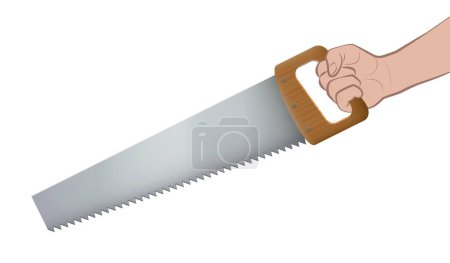 Téléchargez les illustrations : Hand saw, craftsman holding a ripsaw with wooden handle, metal saw blade and pointed sharp saw teeth. Isolated vector illustration on white background. - en licence libre de droit