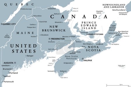 Ilustración de The Maritimes region of Eastern Canada, also called Maritime provinces, gray political map, with capitals, borders and large cities. The provinces New Brunswick, Nova Scotia, and Prince Edward Island. - Imagen libre de derechos