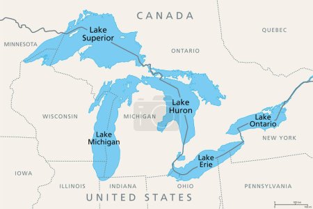 Ilustración de Great Lakes of North America, political map. Lake Superior, Michigan, Huron, Erie and Lake Ontario. A series of large interconnected freshwater lakes on or near the border of Canada and United States. - Imagen libre de derechos