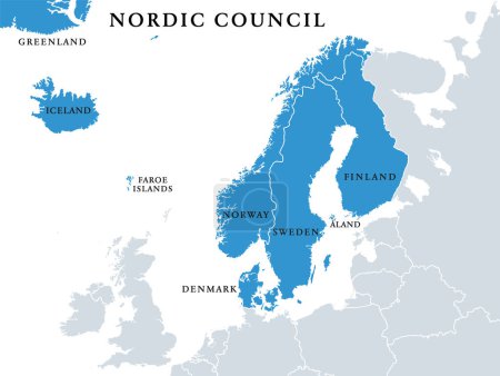 Nordic Council members, political map. Cooperation among the Nordic states Denmark, Finland, Iceland, Norway and Sweden, the autonomous territories Faroe Islands and Greenland, and the region Aland.