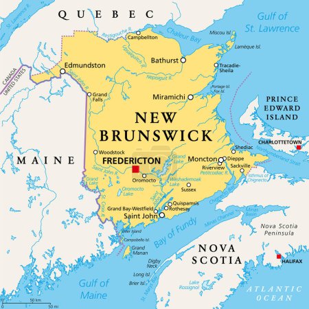 Nuevo Brunswick, Provincia marítima y atlántica de Canadá, mapa político. Limita con Quebec, Nueva Escocia, el Golfo de San Lorenzo, la Bahía de Fundy y el estado de Maine, con la capital Fredericton. Ilustración.