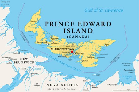 Illustration for Prince Edward Island, Maritime and Atlantic province of Canada, political map. The Island, located in the Gulf of St. Lawrence, bordered to New Brunswick and Nova Scotia, with capital Charlottetown. - Royalty Free Image