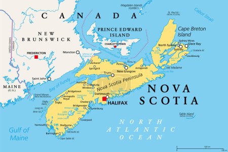Nueva Escocia, Provincia marítima y atlántica de Canadá, mapa político. Isla del Cabo Bretón y Península de Nueva Escocia, con capital Halifax. Fronteras en la Bahía de Fundy, Golfo de Maine y Océano Atlántico.