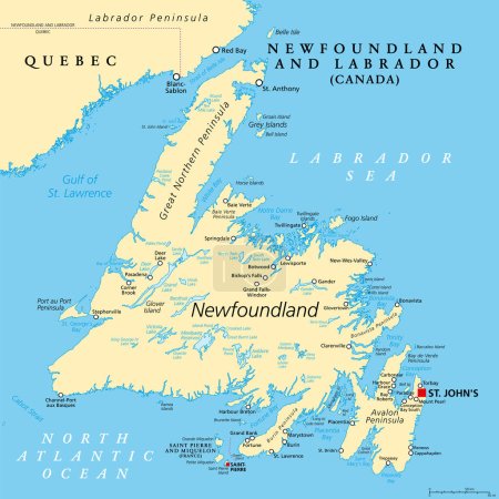 Téléchargez les illustrations : Île de Terre-Neuve, carte politique. Partie de la province canadienne de Terre-Neuve-et-Labrador dont la capitale est St. John's. Grande île au large de la côte continentale de l'Amérique du Nord au sud-ouest de la mer du Labrador. - en licence libre de droit