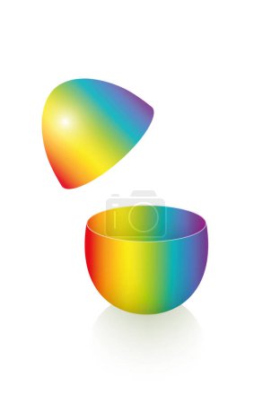 Plastic easter egg halves with base and raised lid, rainbow colored empty gift jar for filling. Three-dimensional isolated vector illustration on white background.