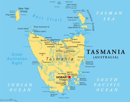 Ilustración de Tasmania, estado insular de Australia, mapa político. Situado al sur del continente australiano, separado de él por el estrecho de Bass, rodeado de 1000 islas, con la capital y la ciudad más grande Hobart. - Imagen libre de derechos