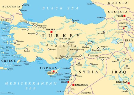 Ilustración de Turkey and Syria region, political map. Geographic area of the peninsula Anatolia, with neighbouring and surrounding countries. Map with capitals, largest cities, and most important rivers and lakes. - Imagen libre de derechos