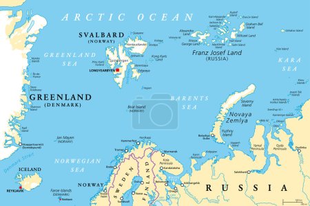 Illustration for Arctic Ocean region north of mainland Europe, political map. From the eastern part of Greenland to Svalbard to Franz Josef Land, with parts of the countries Iceland, Norway Sweden, Finland and Russia. - Royalty Free Image