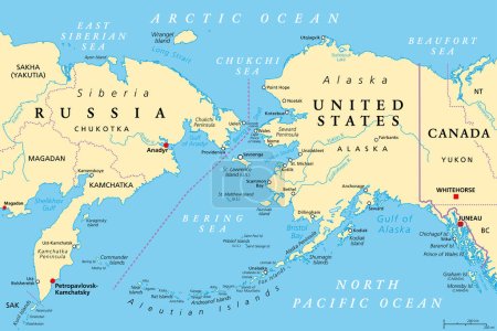 Ilustración de Frontera marítima entre Rusia y Estados Unidos, mapa político. Península de Chukchi del Lejano Oriente Ruso, y Península de Seward de Alaska, separadas por el estrecho de Bering, entre el Pacífico y el Océano Ártico. - Imagen libre de derechos