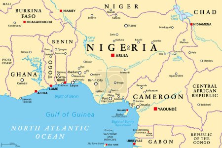 Nigeria und Westafrika am Golf von Guinea, politische Landkarte. Ghana, Togo, Benin, Nigeria, Kamerun, Äquatorialguinea und Sao Tomé und Principe mit Grenzen, Hauptstädten und größten Städten.