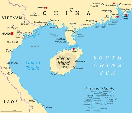 Ilustración de Hainan, southernmost province of China, and surrounding area, political map. Hainan Island, and the Paracel Islands, in the South China Sea, south of the Leizhou Peninsula, and east of Gulf of Tonkin. - Imagen libre de derechos
