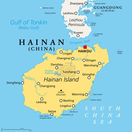 Illustration for Hainan, smallest and southernmost province of China, PRC, political map. Consisting of Hainan Island and various small islands in the South China Sea, south of Leizhou Peninsula, with capital Haikou. - Royalty Free Image