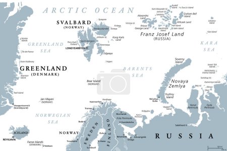 Illustration for Arctic Ocean region, north of mainland Europe, gray political map. From eastern Greenland to Svalbard, to Franz Josef Land, with parts of the countries Iceland, Norway, Sweden, Finland and Russia. - Royalty Free Image