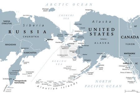 Ilustración de Rusia y Estados Unidos, frontera marítima, mapa político gris. La península de Chukchi del Lejano Oriente ruso, y la península de Seward de Alaska, separadas por el estrecho de Bering entre el Pacífico y el Océano Ártico. - Imagen libre de derechos