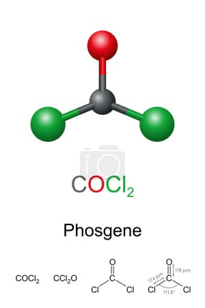 Ilustración de Phosgene, carbonyl dichloride, ball-and-stick model, molecular and chemical formula. Toxic, colorless gas, used in plastics production. Extremely poisonous, used as chemical weapon during World War I. - Imagen libre de derechos