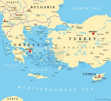 Aegean Sea region with Aegean Islands, political map. An elongated embayment of the Mediterranean Sea, located between Europe and Asia, and between the Balkans and Anatolia, Greece and Turkey. Vector.