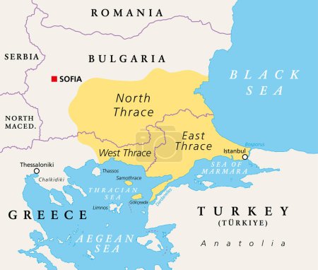 Ilustración de Thrace, geographical and historical region in Southeast Europe, political map. Modern boundaries of Thrace, split among Bulgaria, Greece and Turkey, bounded by Balkan Mountains, Aegean and Black Sea. - Imagen libre de derechos