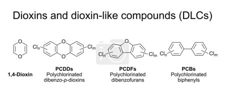 Illustration for Dioxins and dioxin-like compounds (DLCs), general structures. Group of chemical compounds, persistent organic pollutants (POPs) in the environment, mostly by-products of various industrial processes. - Royalty Free Image