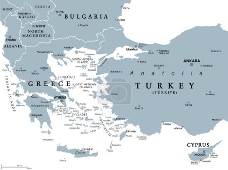 Ilustración de Región del Mar Egeo, con islas del Egeo, mapa político gris. Una embajada alargada del Mar Mediterráneo, situada entre Europa y Asia, entre los Balcanes y Anatolia, y Grecia y Turquía. - Imagen libre de derechos