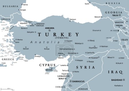 Ilustración de Turkey and Syria region, gray political map. Geographic area of Anatolia, a peninsula and landmass making up most of the territory of contemporary Turkey, with neighbouring and surrounding countries. - Imagen libre de derechos